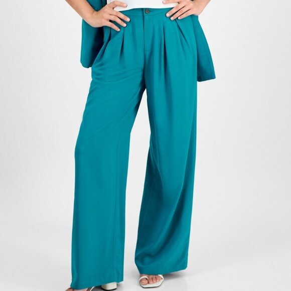 Bar III Pants - Bar III Vibrant Teal Petite High‑Rise Pleat‑Front Wide Leg Pants NWT 12 Petite